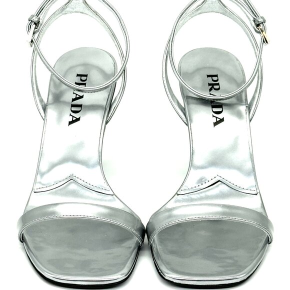 PRADA Metallic Leather Logo Triangle Heel Ankle Strap Sandals Heels Shoes - Picture 6 of 15